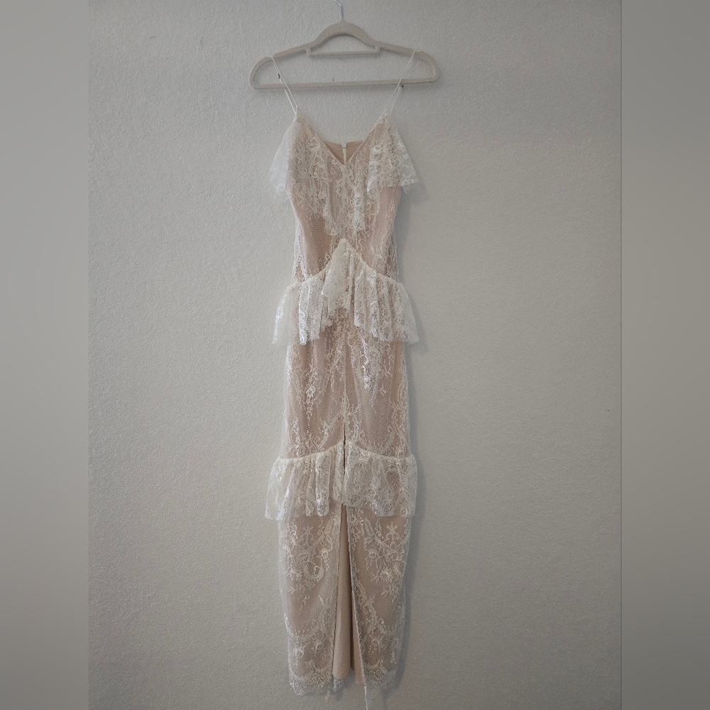 Winona Revolve beige lace dress with a front slit